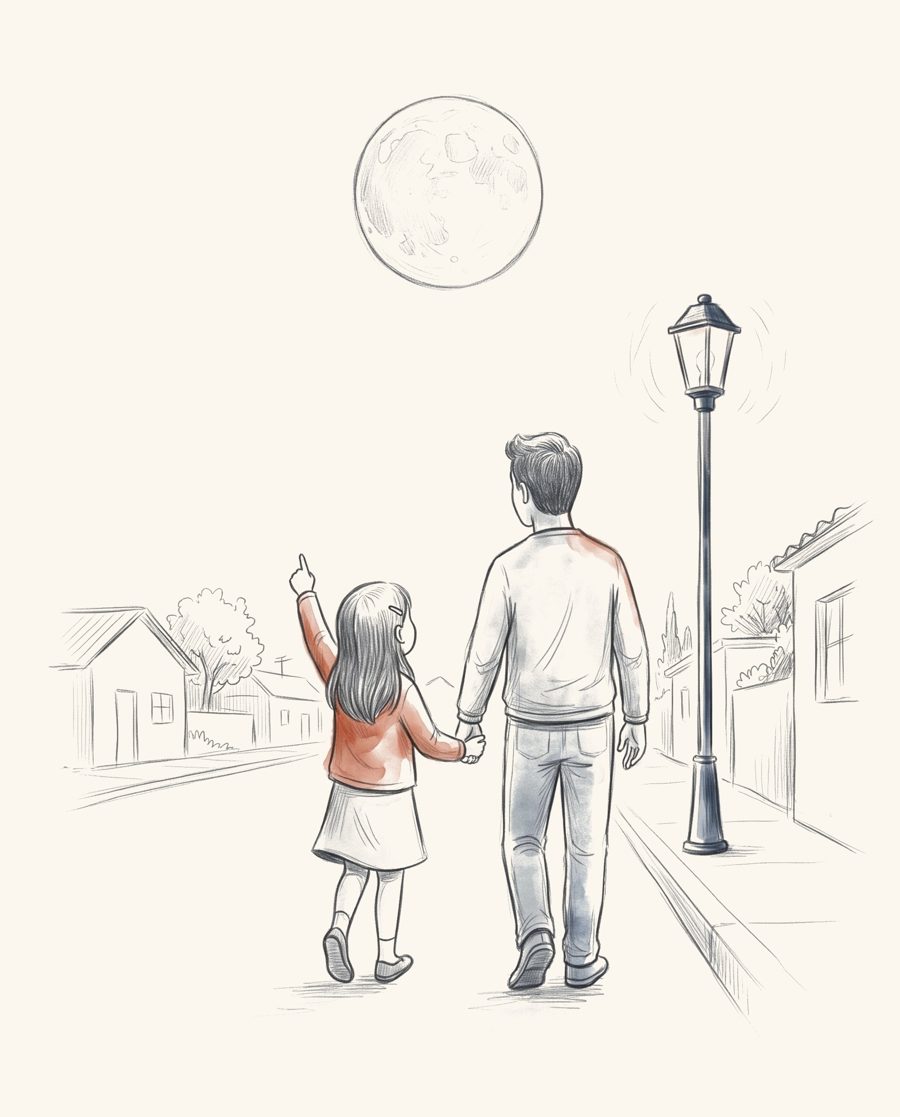 Ilustración a lápiz: un papá y su hija caminan de noche; ella señala la Luna.