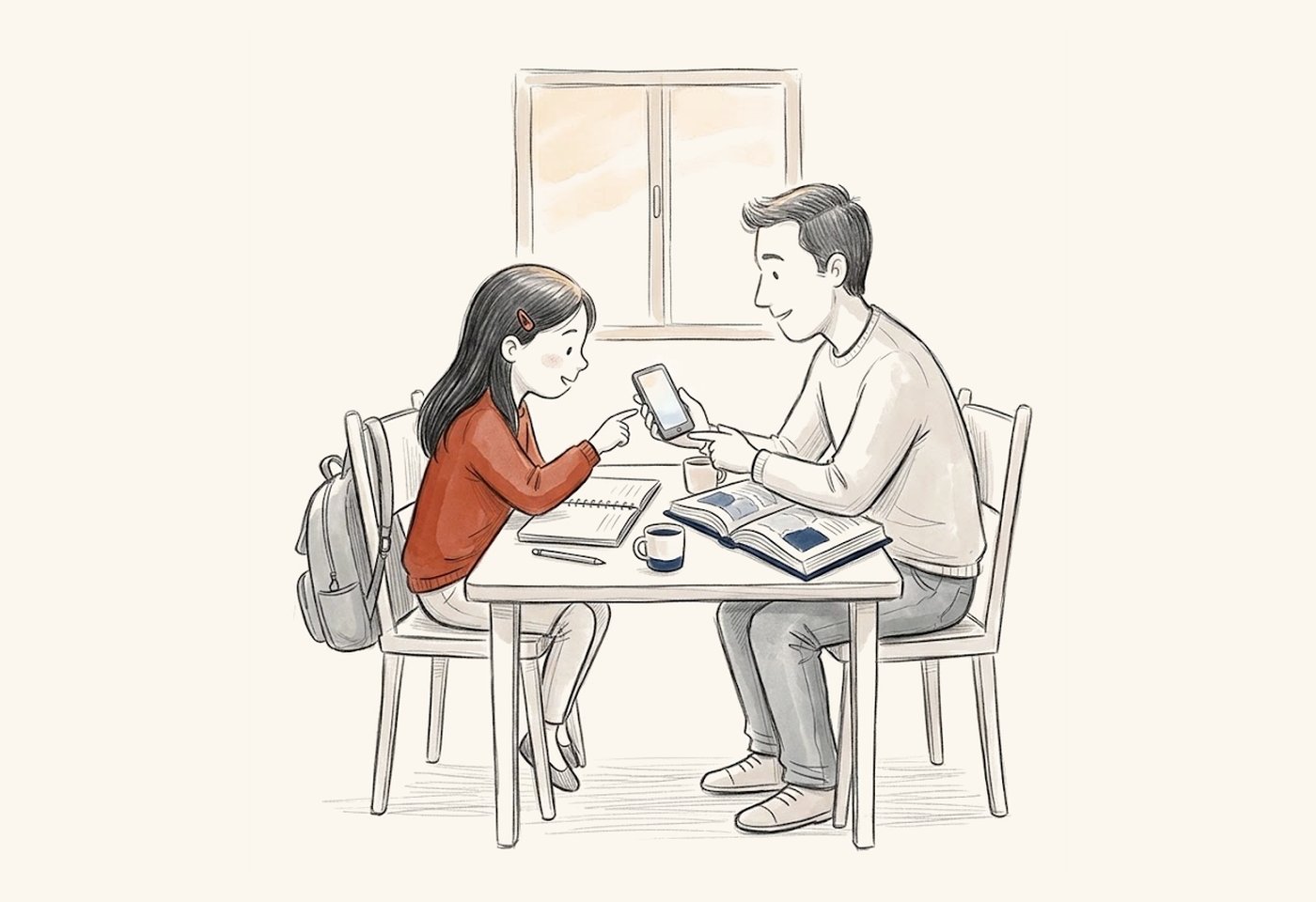 Ilustración a lápiz: al atardecer, en la mesa del comedor, una niña recién llegada de la escuela señala la pantalla de un celular que su papá sostiene entre los dos. Sobre la mesa hay un cuaderno, un atlas abierto y dos tazas.