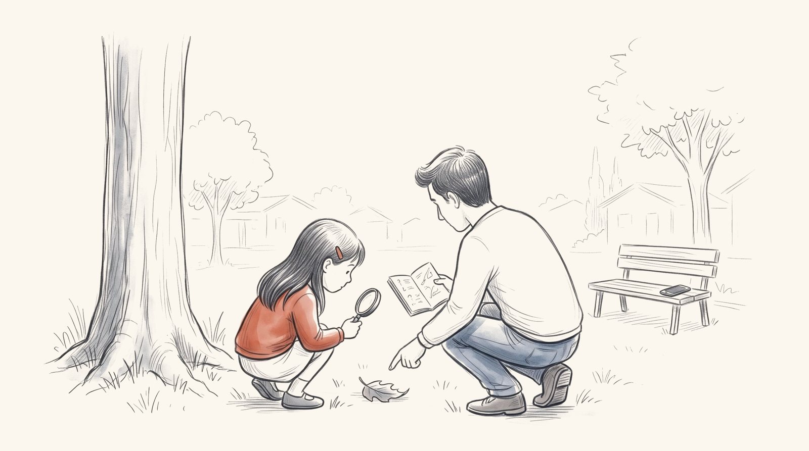 Ilustración a lápiz: en un parque, de día, una niña observa una hoja con una lupa mientras su papá, agachado a su lado con una libreta, le señala algo. Su celular quedó boca abajo en una banca.