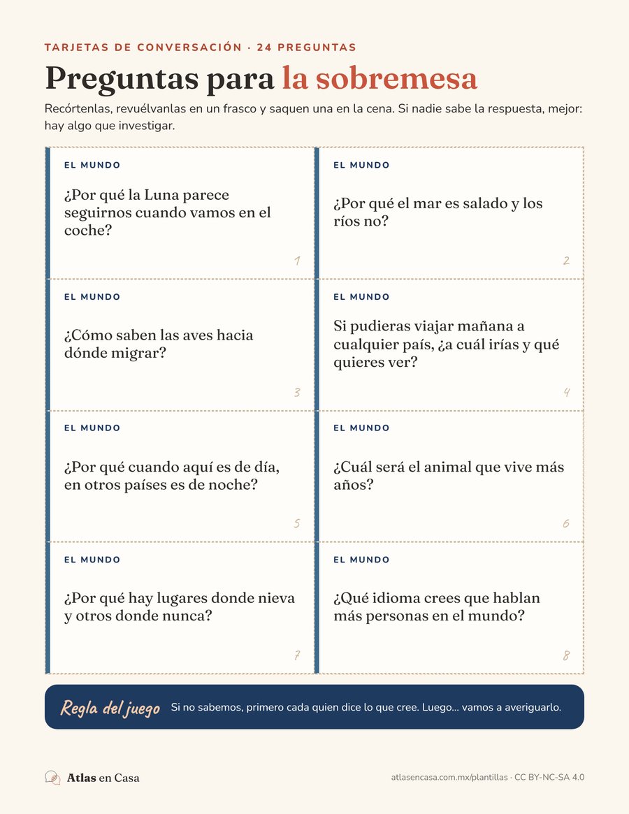 Vista de la primera hoja de Preguntas para la sobremesa: ocho tarjetas recortables de la categoría El mundo, como ¿Por qué la Luna parece seguirnos cuando vamos en el coche?